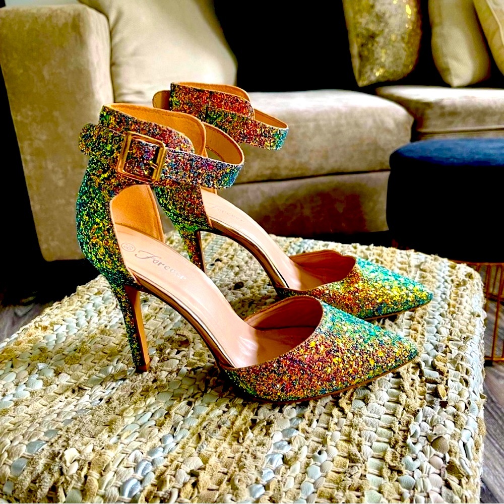 Forever Chameleon Multicolor Glitter Stiletto Heels- Rainbow/Mermaid Ombré (8.5)